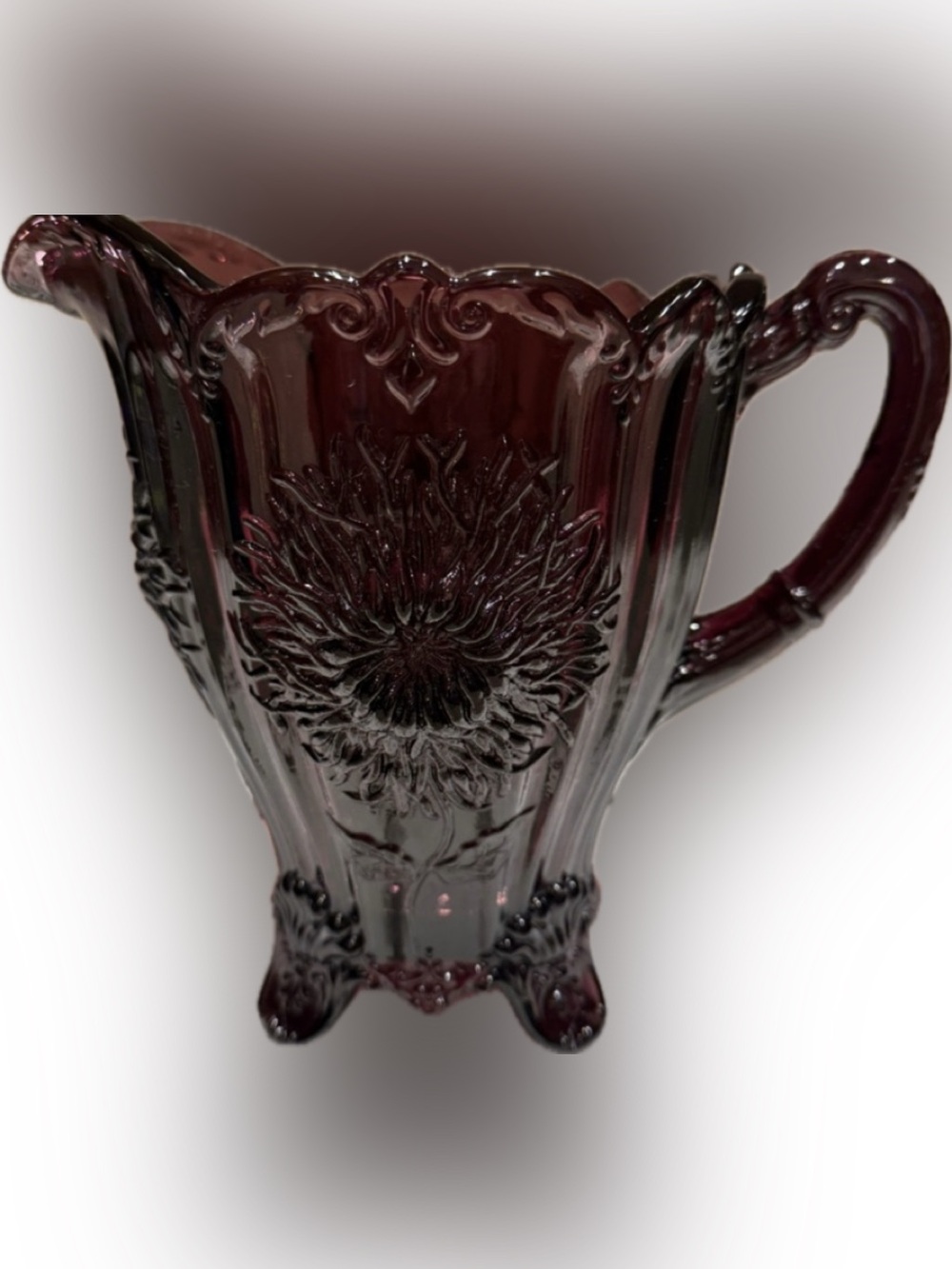 Mosser Glass, Ohio, USA Amethyst Dahlia Footed Pitcher.